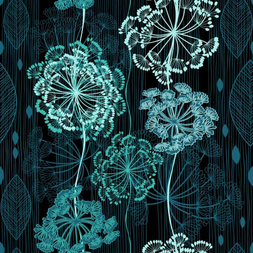 抽象伞形花序、树叶、垂直线在黑色背景上